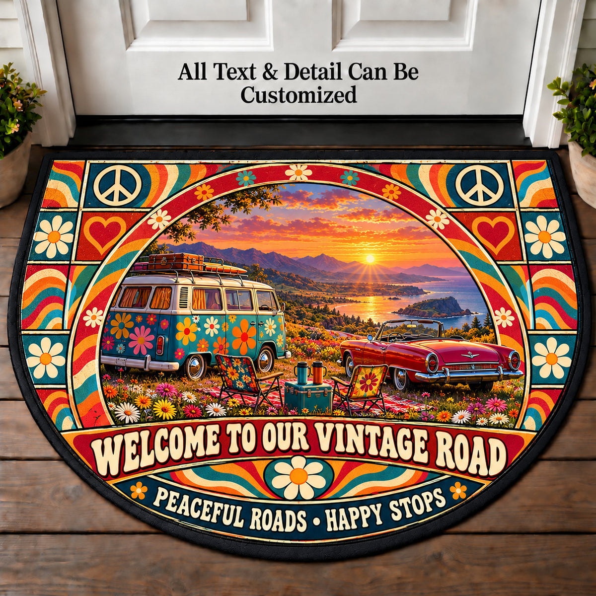 Flower Power Vintage Van - Vintage Road Couple Personalized Half Round Mat | 5To9Vibe