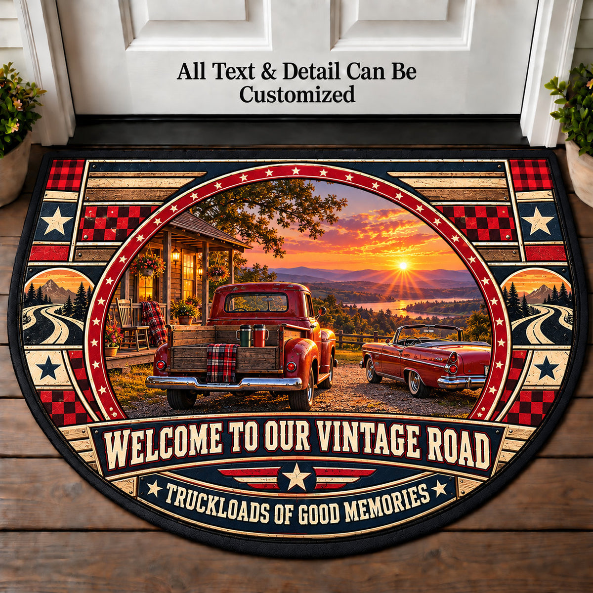 Vintage Pickup Porch - Vintage Road Couple Personalized Half Round Mat | 5To9Vibe