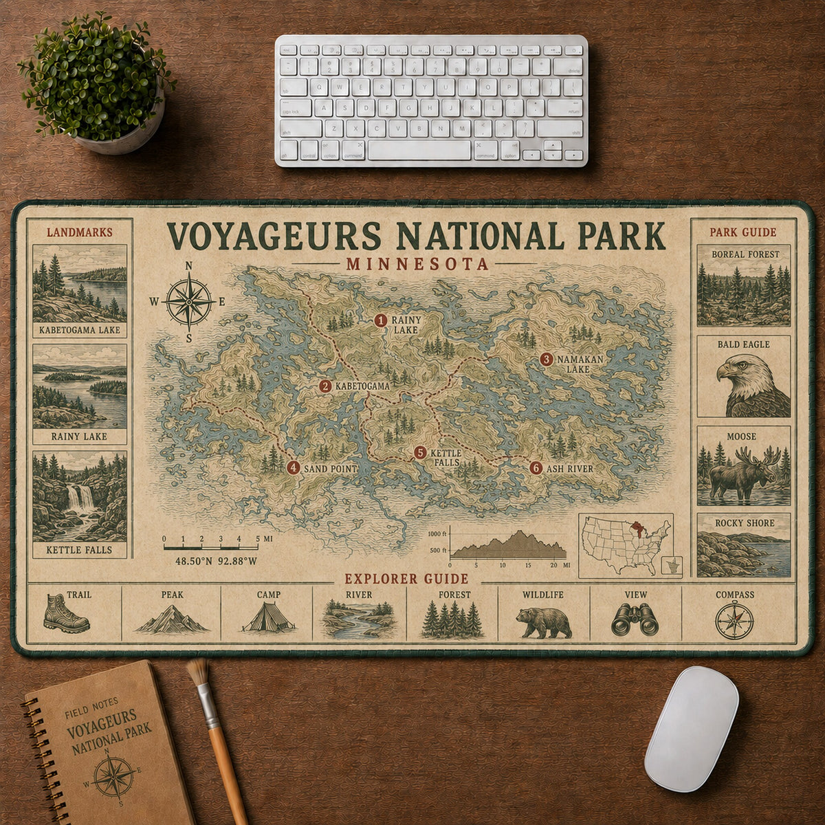 Voyageurs National Park Vintage Topographic Park Map Explorer Guide Desk Mat | 5To9Vibe