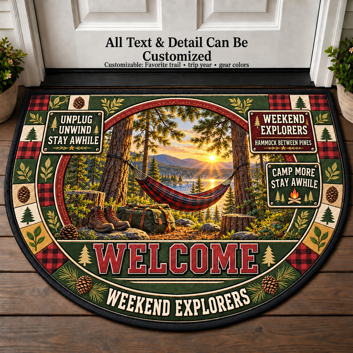 Hammock Between Pines - Weekend Explorers Personalized Half Round Mat | 5To9Vibe