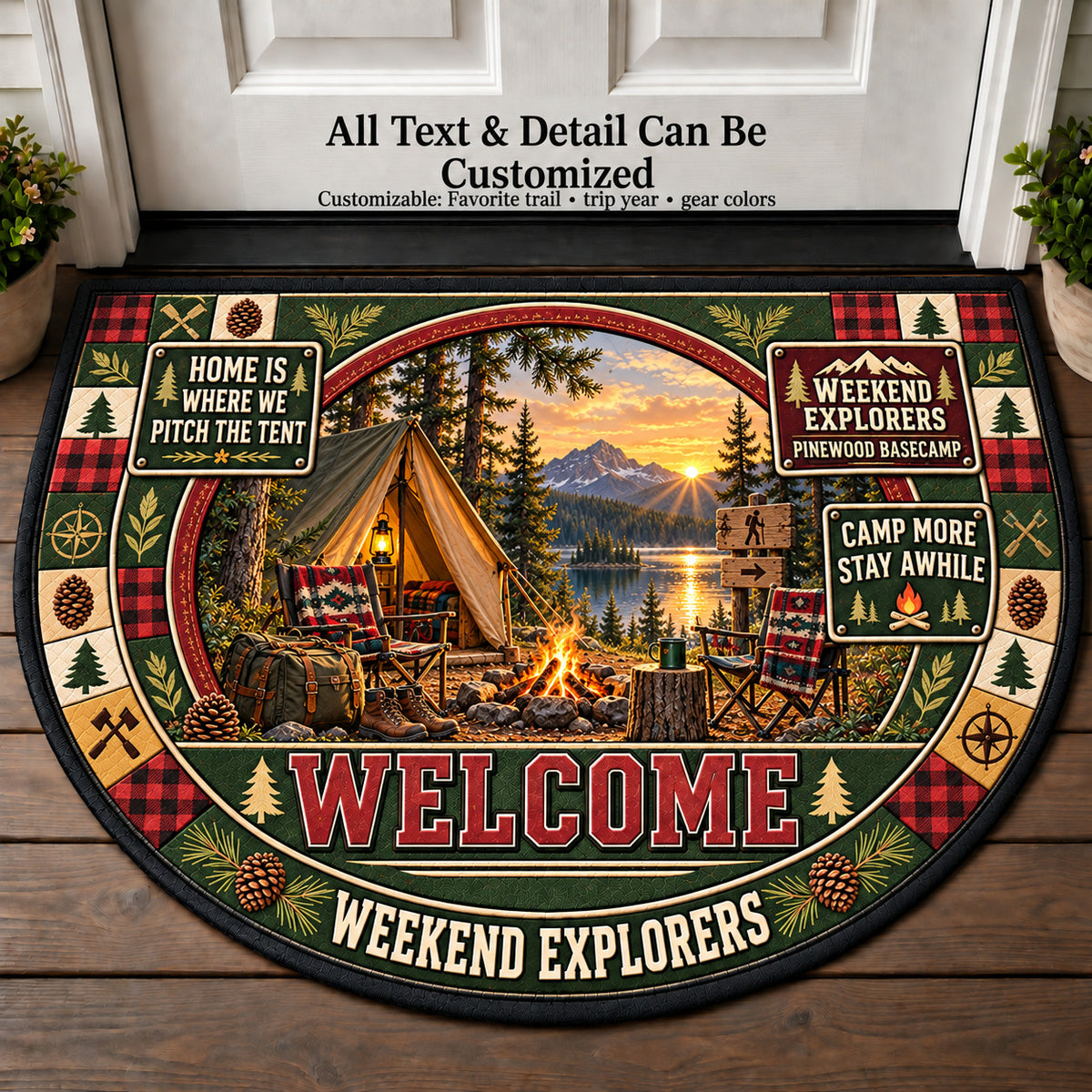 Pinewood Basecamp - Weekend Explorers Personalized Half Round Mat | 5To9Vibe