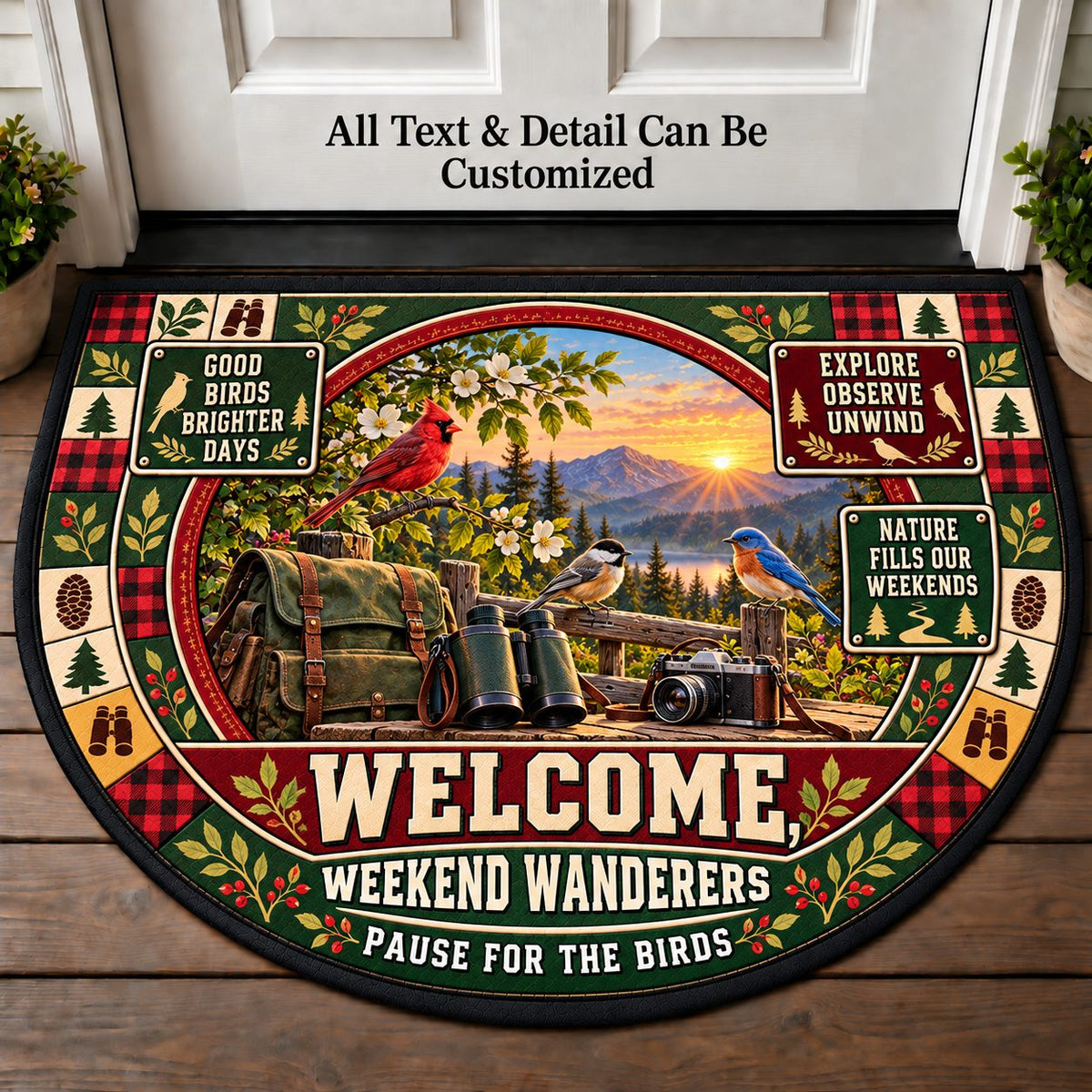 Backyard Birdwatch - Weekend Wanderers Personalized Half Round Mat | 5To9Vibe