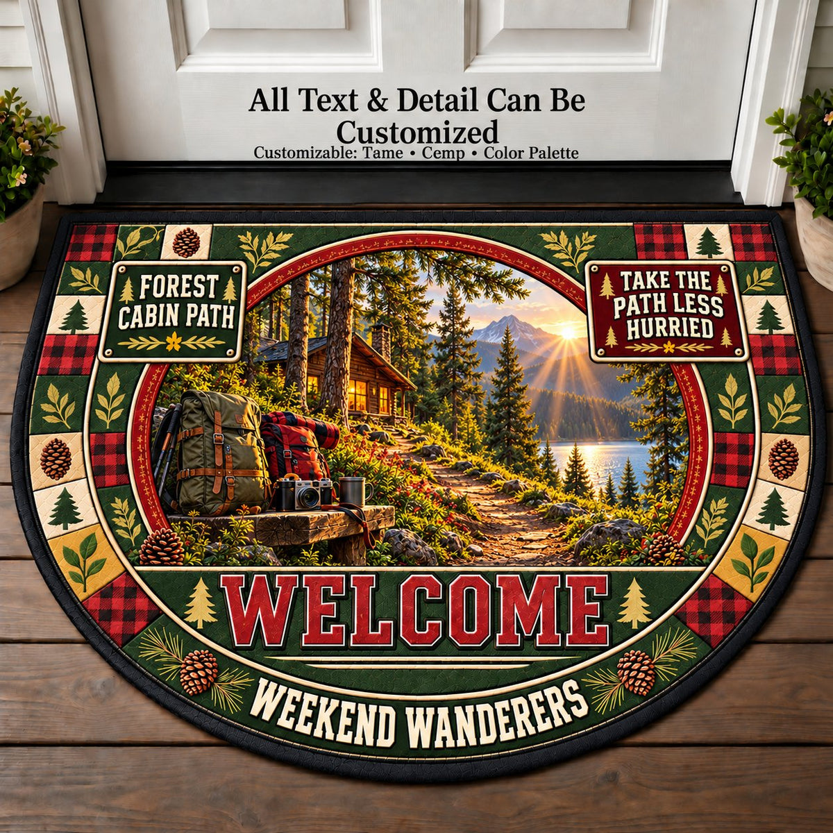 Forest Cabin Path - Weekend Wanderers Personalized Half Round Mat | 5To9Vibe