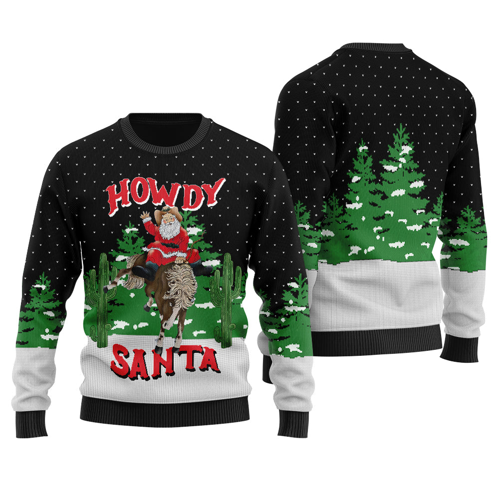 Western Cowboy Santa Ugly Christmas Sweater Black