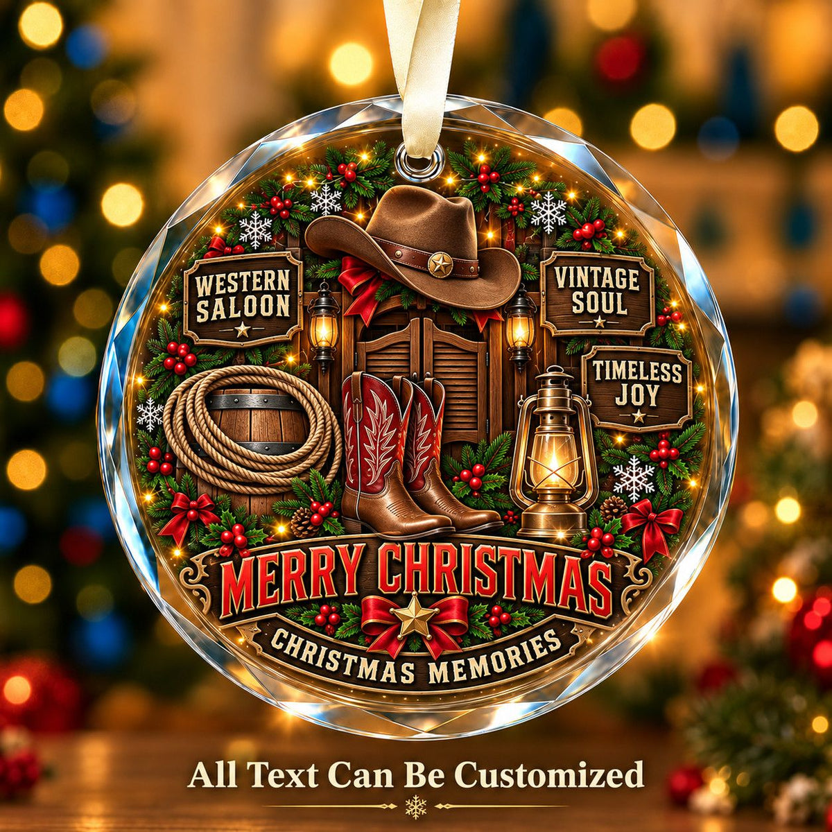 Western Saloon Personalized Glass Ornament | 5To9Vibe
