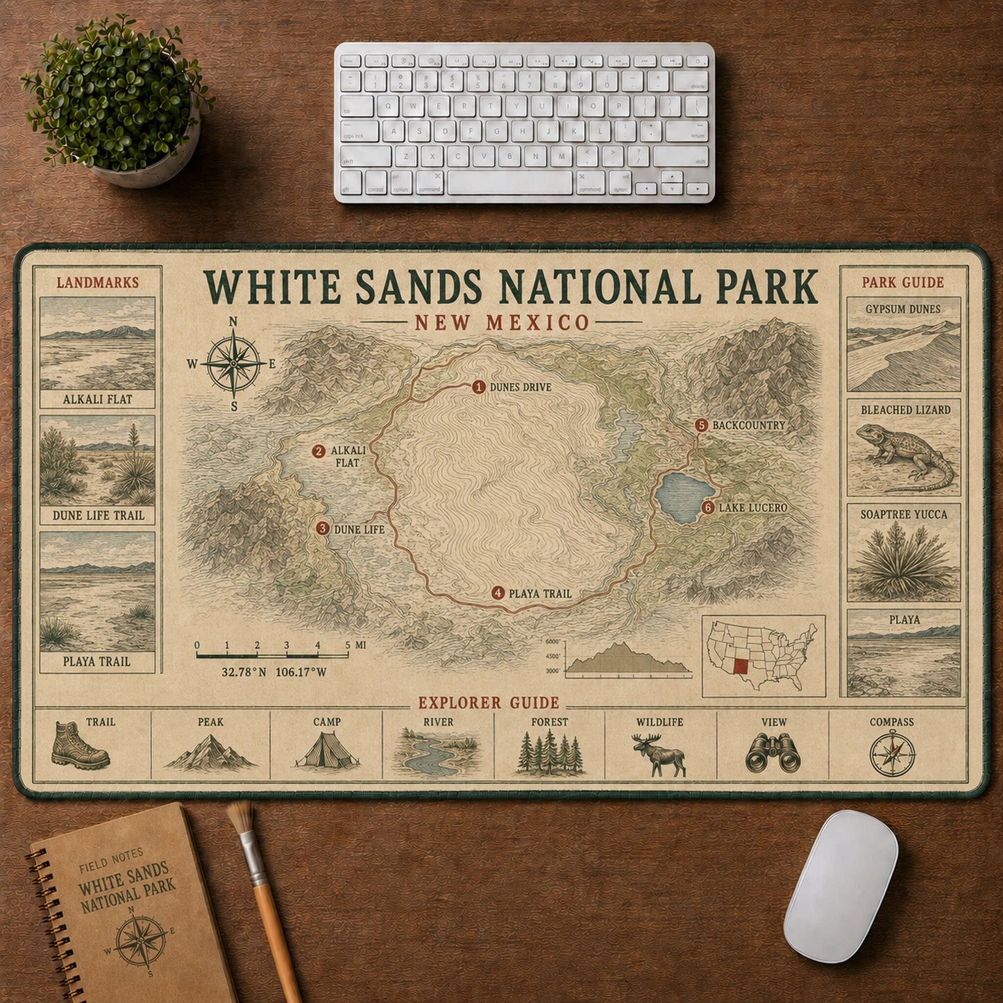 White Sands National Park Vintage Topographic Park Map Explorer Guide Desk Mat | 5To9Vibe