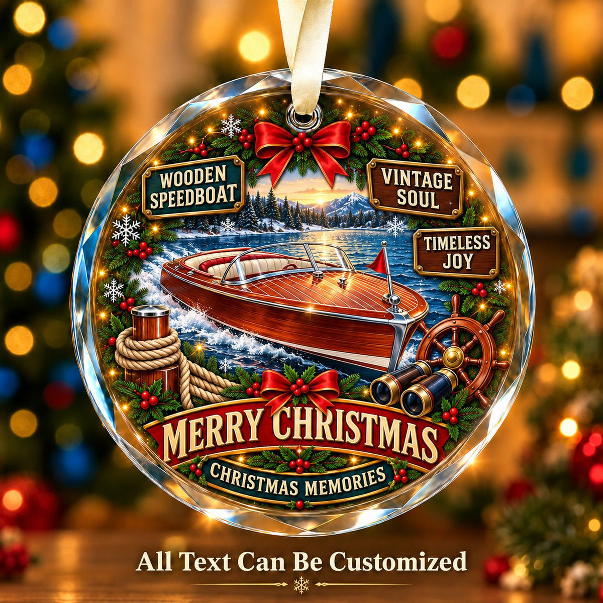Wooden Speedboat Personalized Glass Ornament | 5To9Vibe