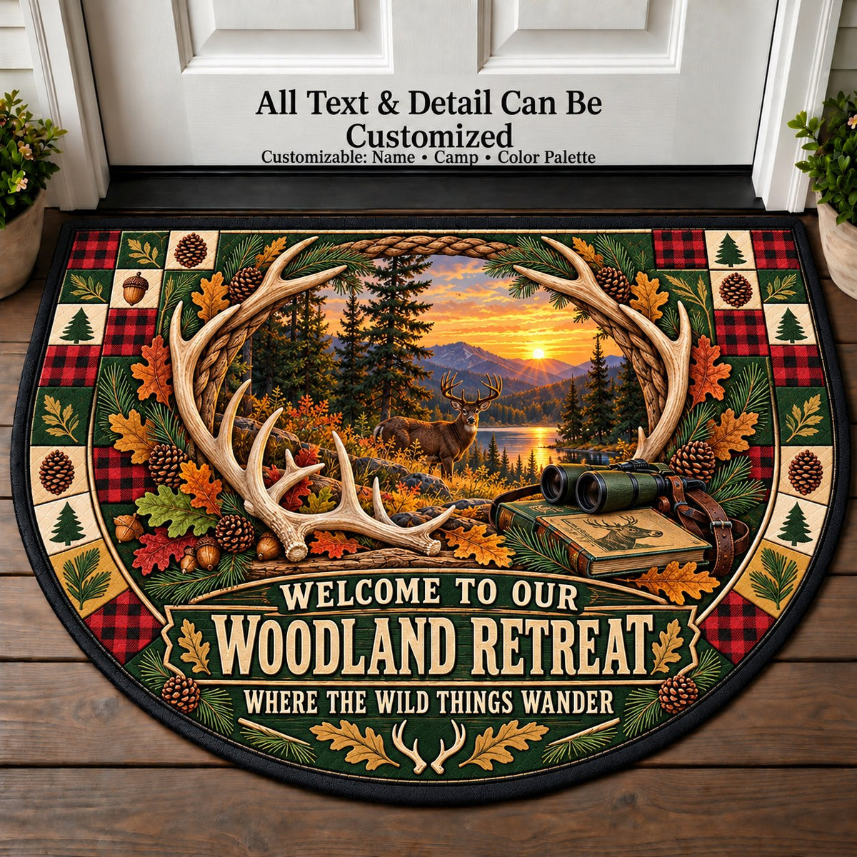 Antler Wreath - Woods Wildlife Personalized Half Round Mat | 5To9Vibe