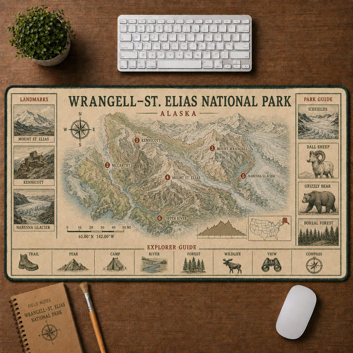 Wrangell–St. Elias National Park Vintage Topographic Park Map Explorer Guide Desk Mat | 5To9Vibe