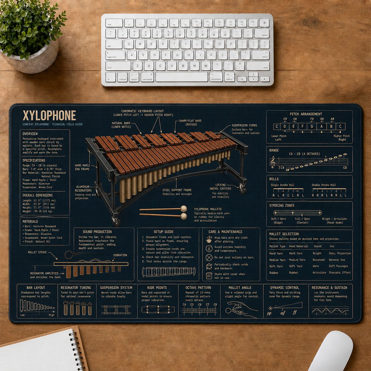 Xylophone Musical Instrument Blueprint Guide Desk Mat | 5To9Vibe