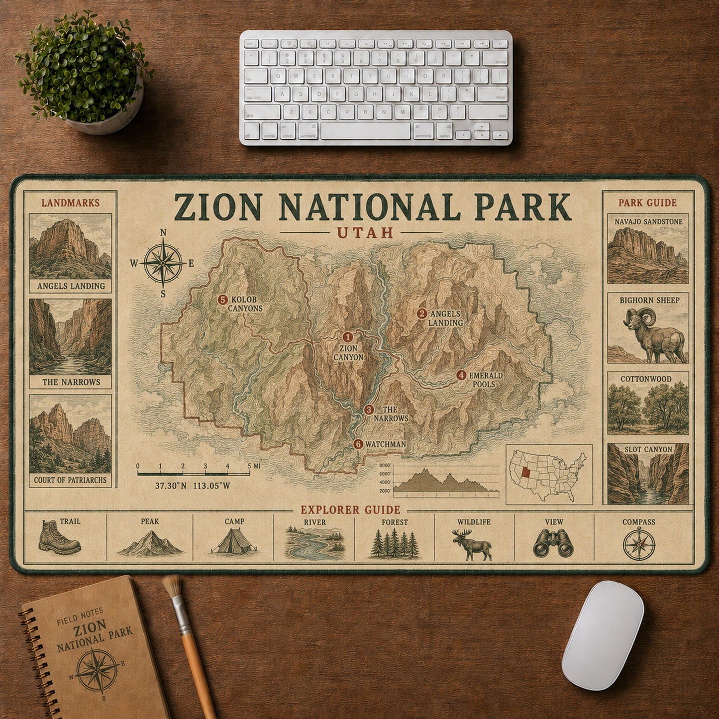 Zion National Park Vintage Topographic Park Map Explorer Guide Desk Mat | 5To9Vibe