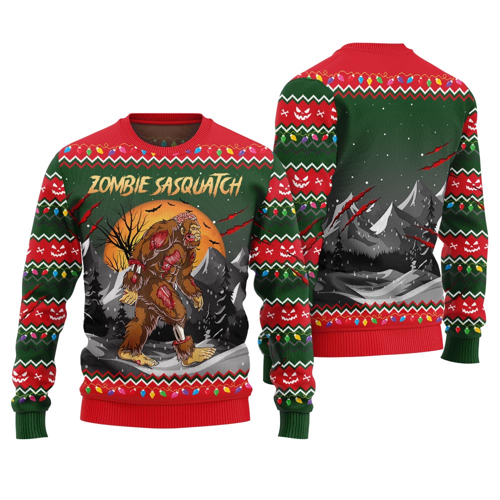 Zombie Sasquatch Halloween Sweater Forest Green