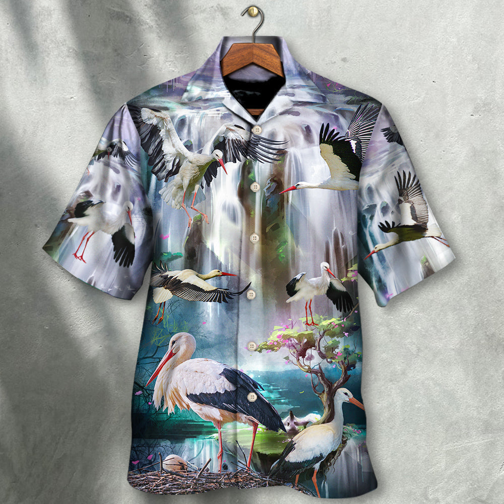 Stork Bird In The Dreamy Waterfall - Hawaiian Shirt