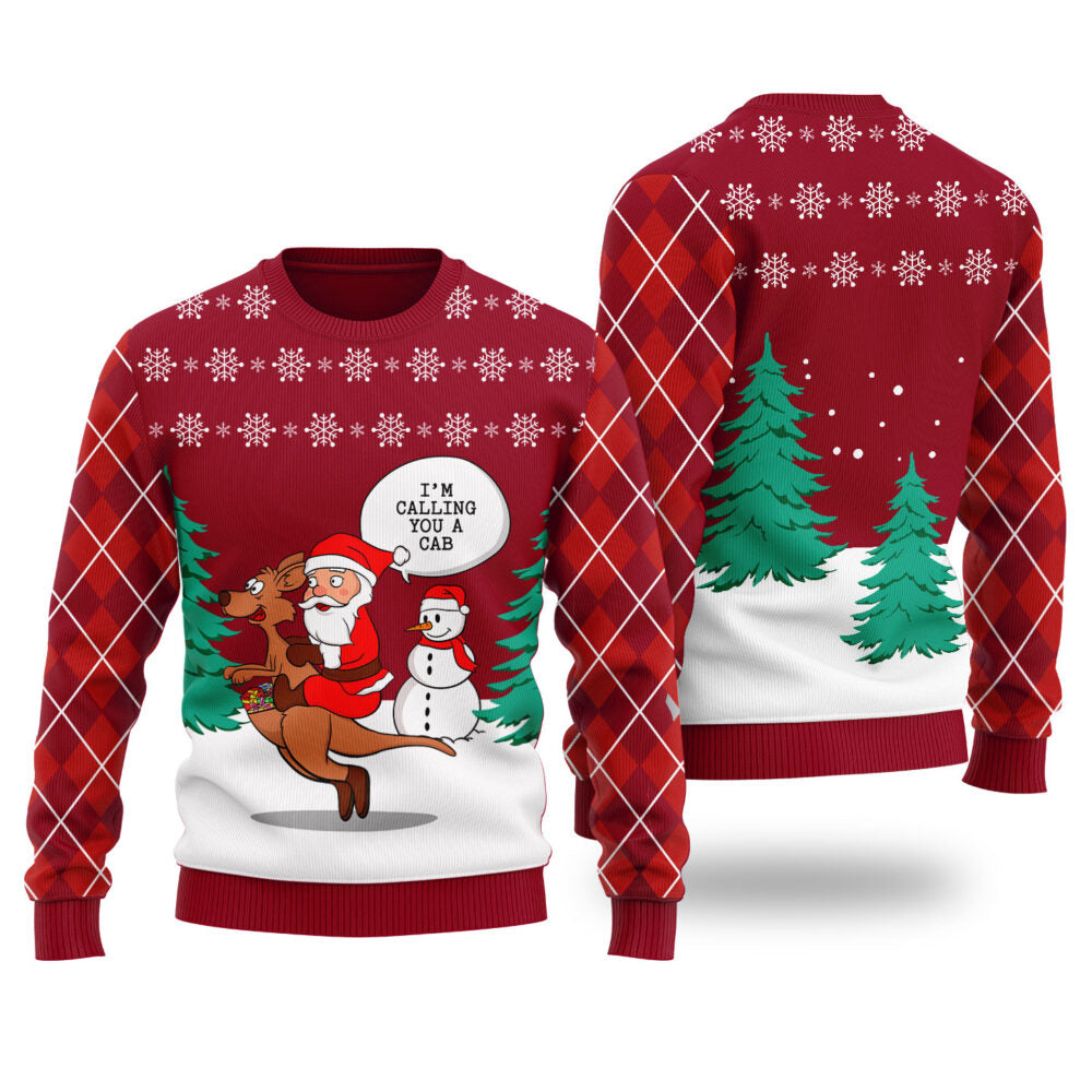 Santa Riding Kangaroo Ugly Christmas Sweater Cardinal Red