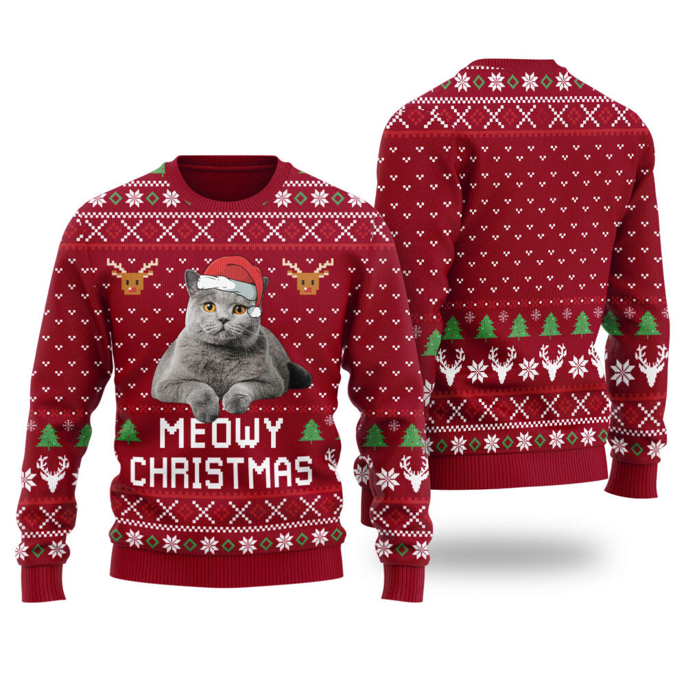Meowy Christmas Custom Cat Christmas Sweater Cardinal Red - Funny Ugly Christmas Sweater