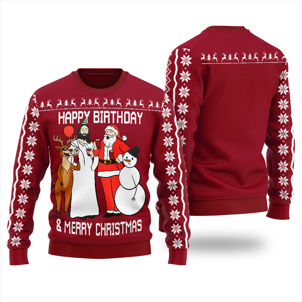 Unique Happy Birthday Jesus Christmas Sweater Adults Cardinal Red