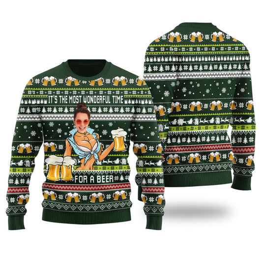 It’s The Most Wonderful Time For A Beer Custom Face Ugly Christmas Sweater Forest Green - Funny Ugly Christmas Sweater
