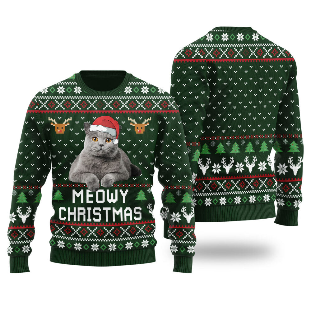 Meowy Christmas Custom Cat Christmas Sweater Forest Green - Funny Ugly Christmas Sweater