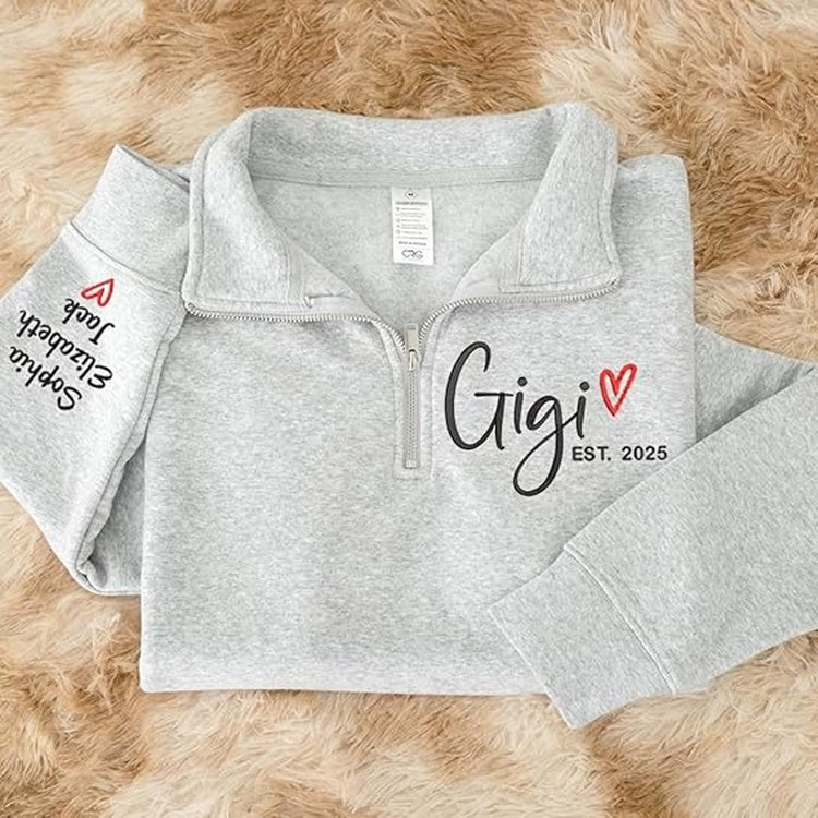 Custom Gigi Heart Embroidered Zip Sweater, Personalized For Grandma with Grandchild Names