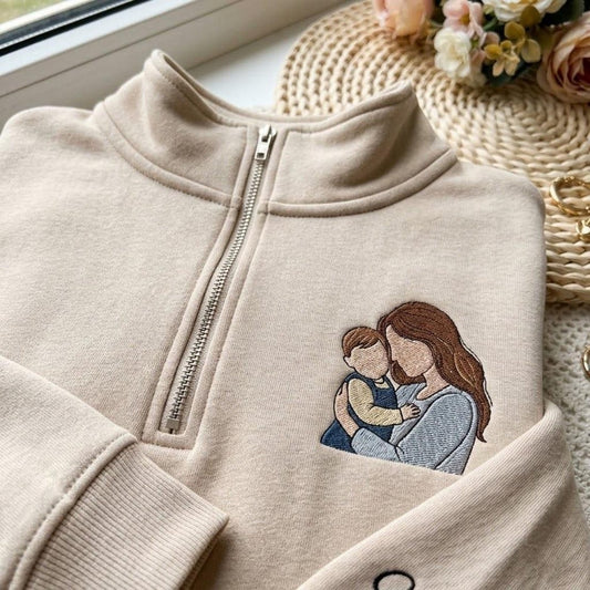 Personalized Mother's Day Custom Photo With Kid's Name On Sleeve Quarter-Zip Sweatshirt