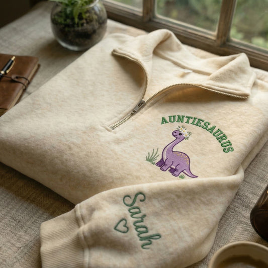 Embroidered Mother's Day Auntiesaurus Text With Name On Sleeve Quarter-Zip Sweatshirt