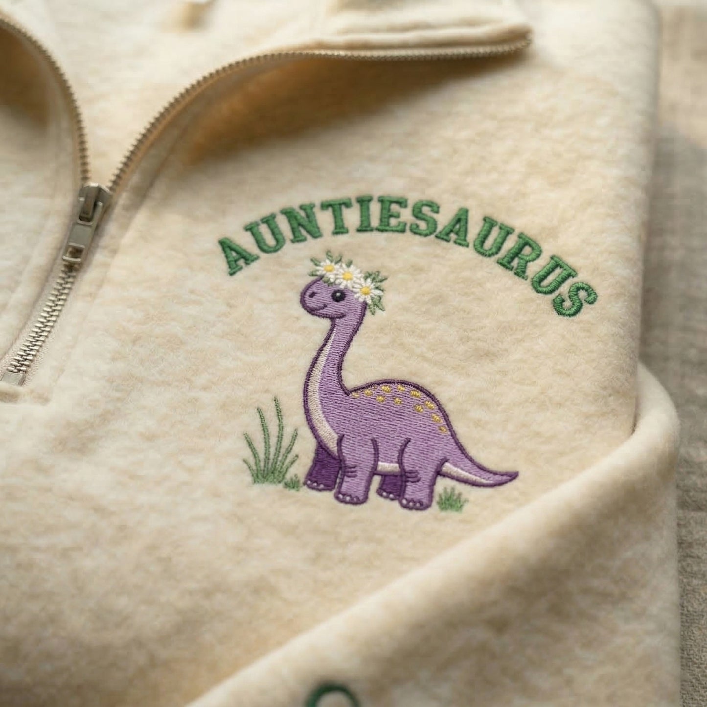 Embroidered Mother's Day Auntiesaurus Text With Name On Sleeve Quarter-Zip Sweatshirt