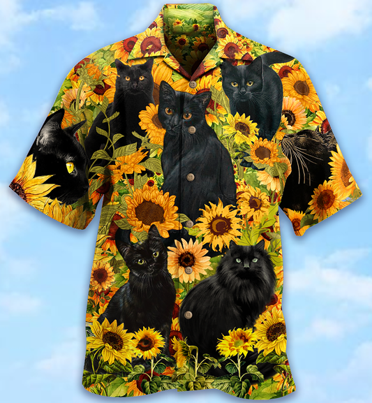 Black Cat Love Sunflower - Hawaiian Shirt 