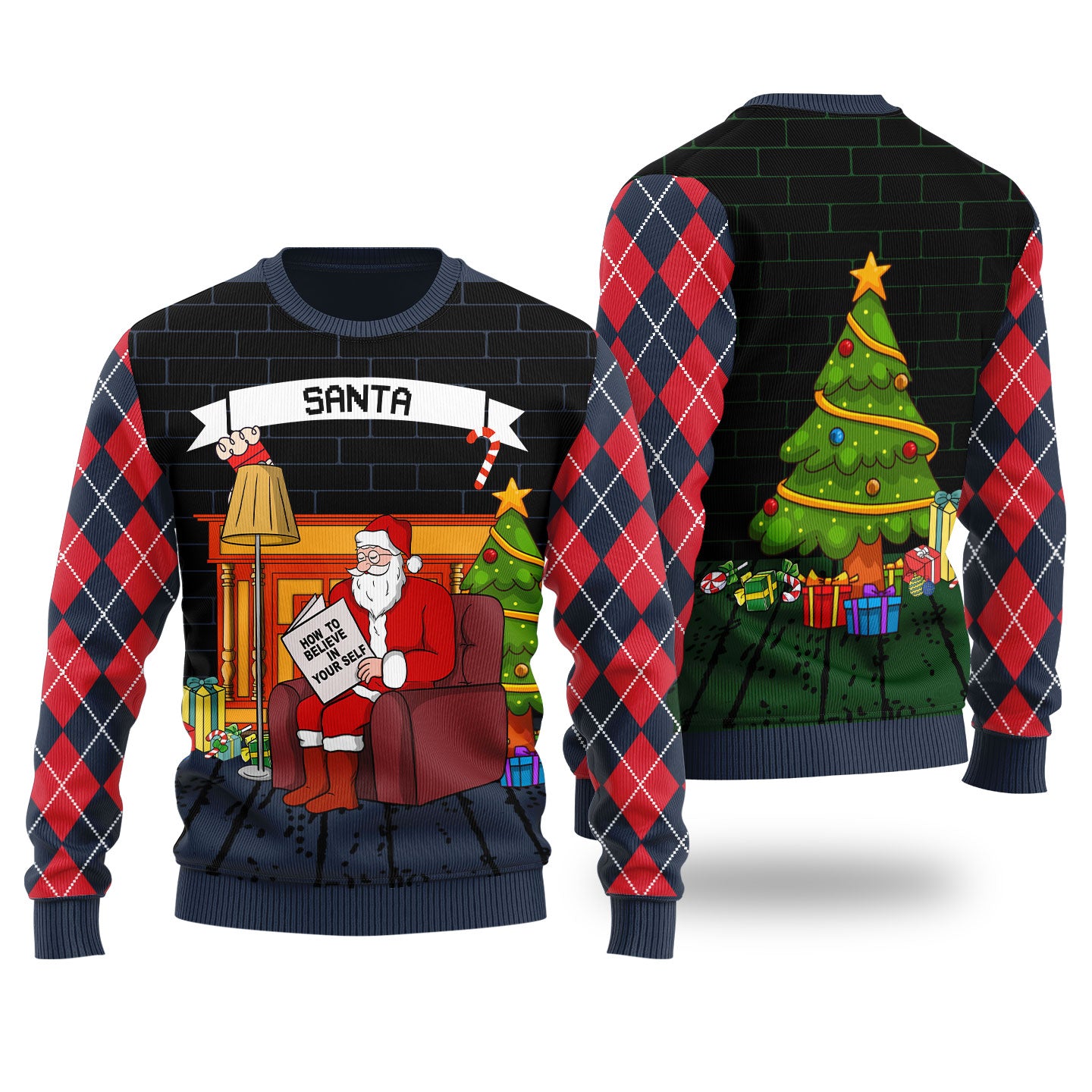 Funny Believe in Yourself Santa Ugly Christmas Sweater Navy