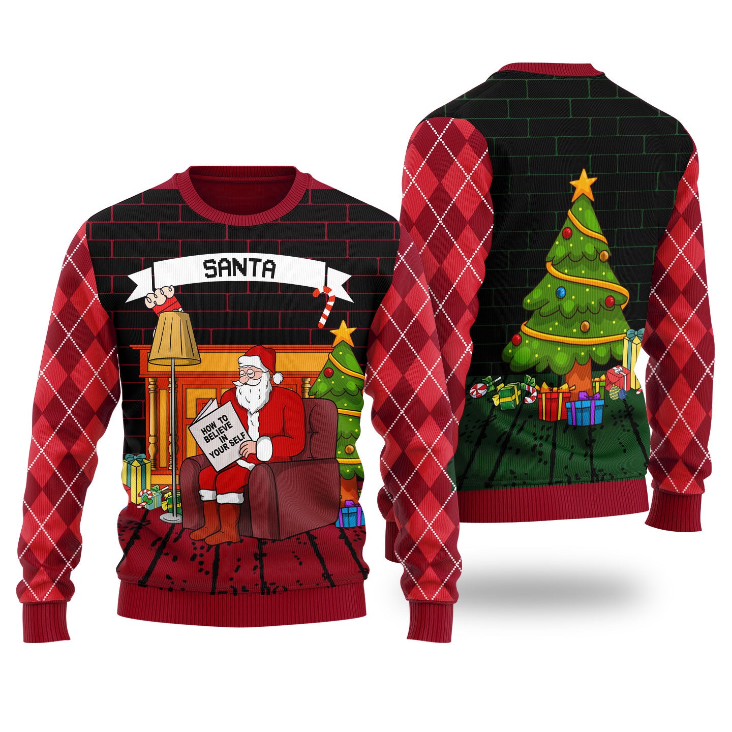 Funny Believe in Yourself Santa Ugly Christmas Sweater Cardinal Red
