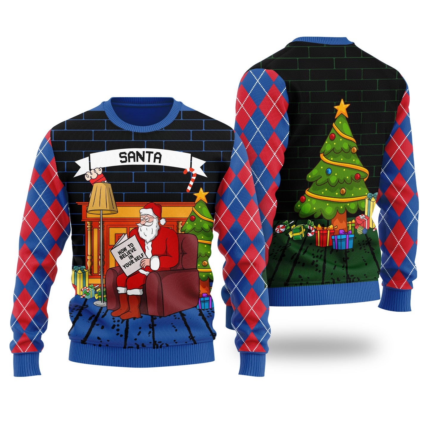 Funny Believe in Yourself Santa Ugly Christmas Sweater Royal