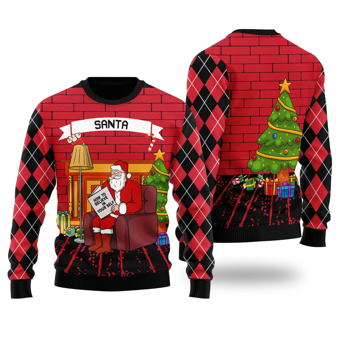 Funny Believe in Yourself Santa Ugly Christmas Sweater Black