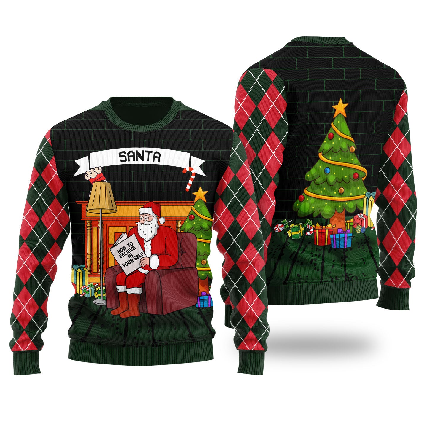 Funny Believe in Yourself Santa Ugly Christmas Sweater Forest Green