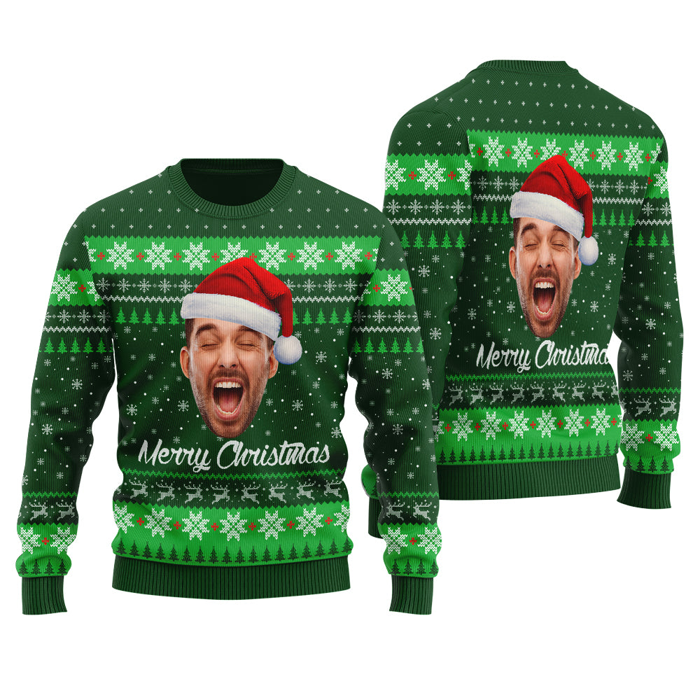 Merry Christmas Custom Face Ugly Sweater Forest Green - Funny Ugly Christmas Sweater