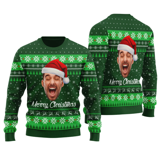 Merry Christmas Custom Face Ugly Sweater Forest Green - Funny Ugly Christmas Sweater