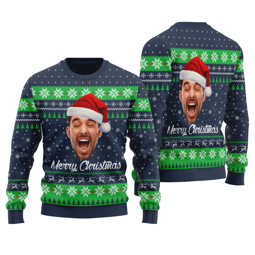 Merry Christmas Custom Face Ugly Sweater Navy - Funny Ugly Christmas Sweater