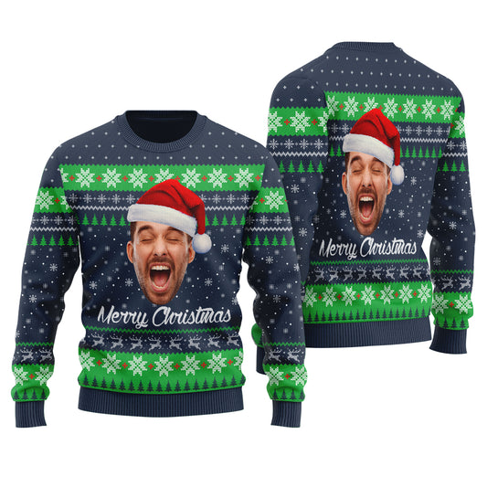 Merry Christmas Custom Face Ugly Sweater Navy - Funny Ugly Christmas Sweater