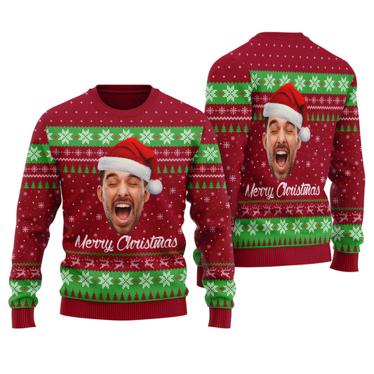 Merry Christmas Custom Face Ugly Sweater Cardinal Red - Funny Ugly Christmas Sweater