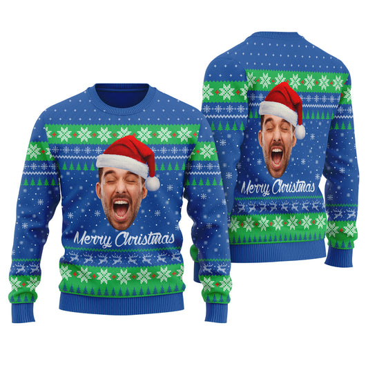Merry Christmas Custom Face Ugly Sweater Royal