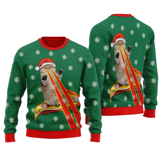 Funny Cat Laser Eyes Pizza Ugly Christmas Sweater