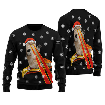 Funny Cat Laser Eyes Pizza Ugly Christmas Sweater Black