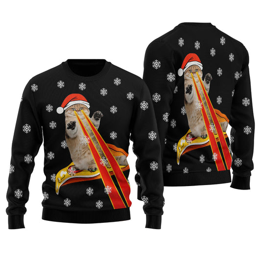 Funny Cat Laser Eyes Pizza Ugly Christmas Sweater Black