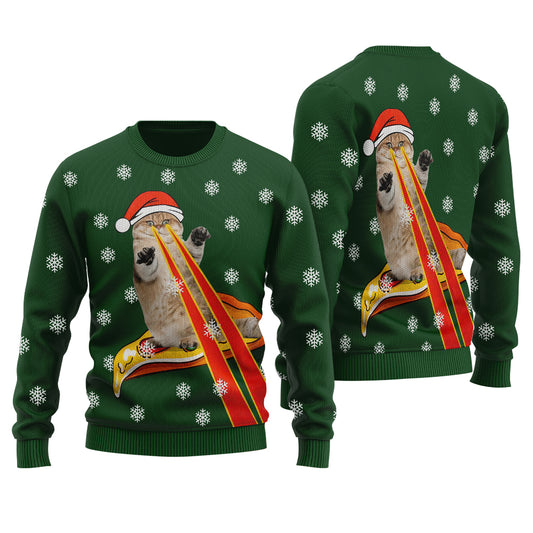 Funny Cat Laser Eyes Pizza Ugly Christmas Sweater Forest Green