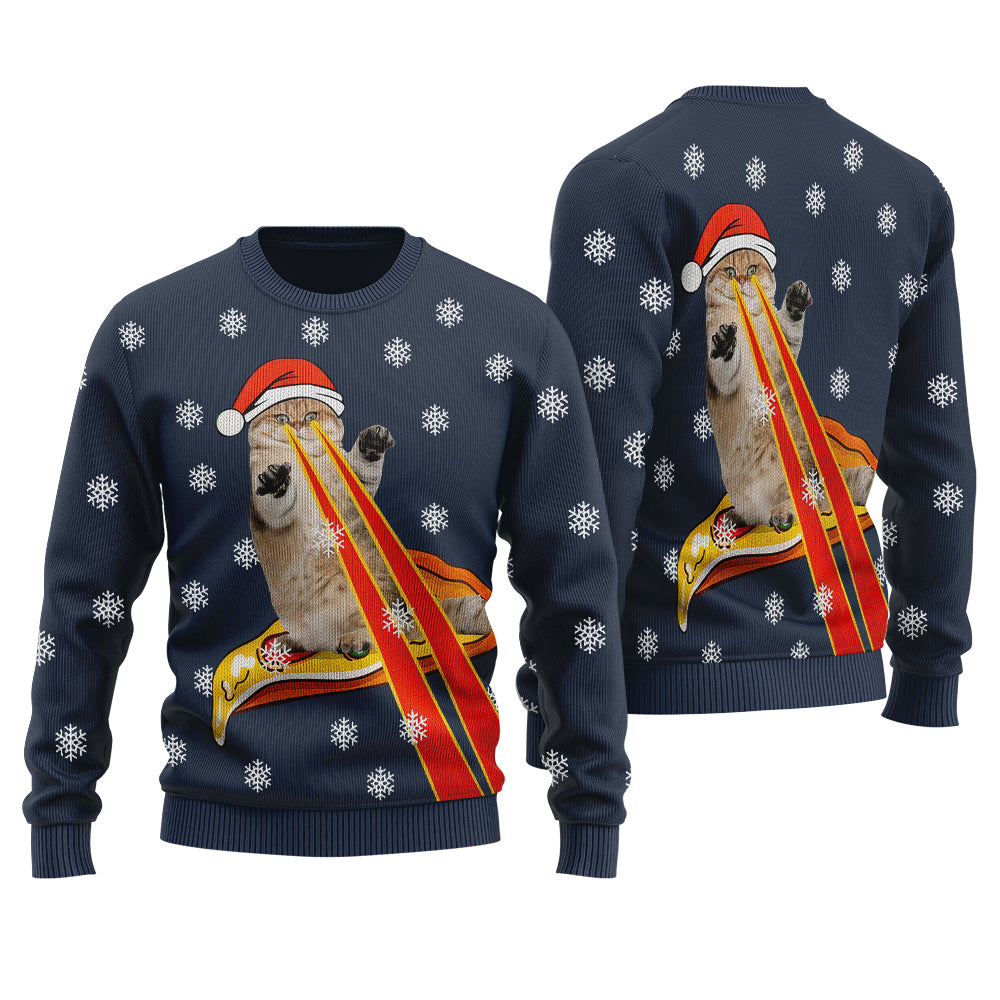 Funny Cat Laser Eyes Pizza Ugly Christmas Sweater Navy