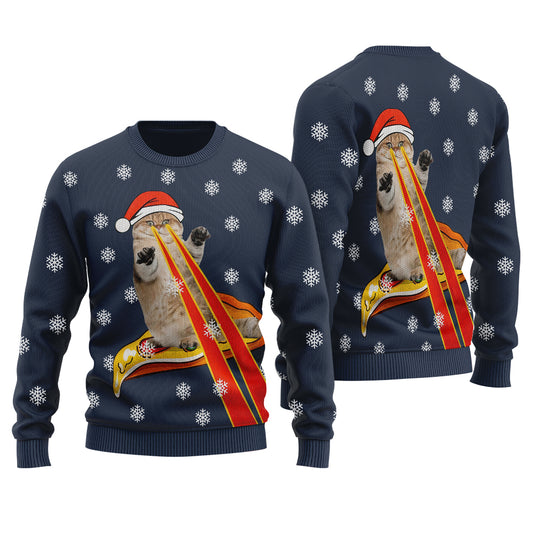 Funny Cat Laser Eyes Pizza Ugly Christmas Sweater Navy