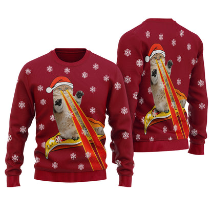 Funny Cat Laser Eyes Pizza Ugly Christmas Sweater Cardinal Red