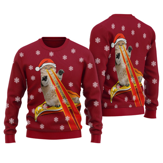 Funny Cat Laser Eyes Pizza Ugly Christmas Sweater Cardinal Red
