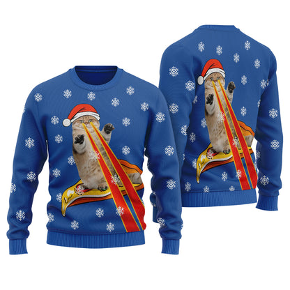 Funny Cat Laser Eyes Pizza Ugly Christmas Sweater Royal