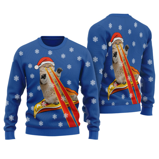 Funny Cat Laser Eyes Pizza Ugly Christmas Sweater Royal