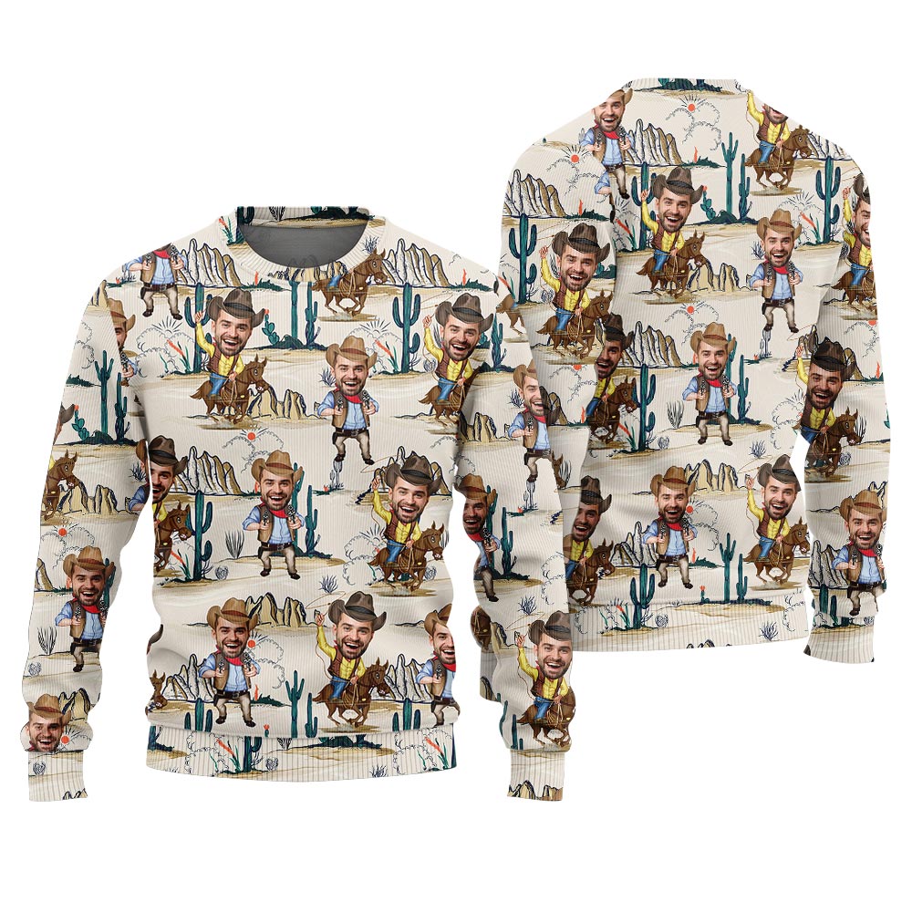 Unique Design Custom Face Cowboy Ugly Christmas Sweater Adult Beige Color