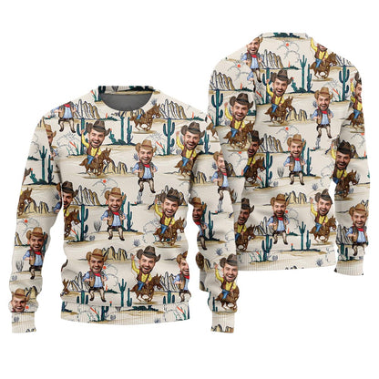 Unique Design Custom Face Cowboy Ugly Christmas Sweater Adult Beige Color